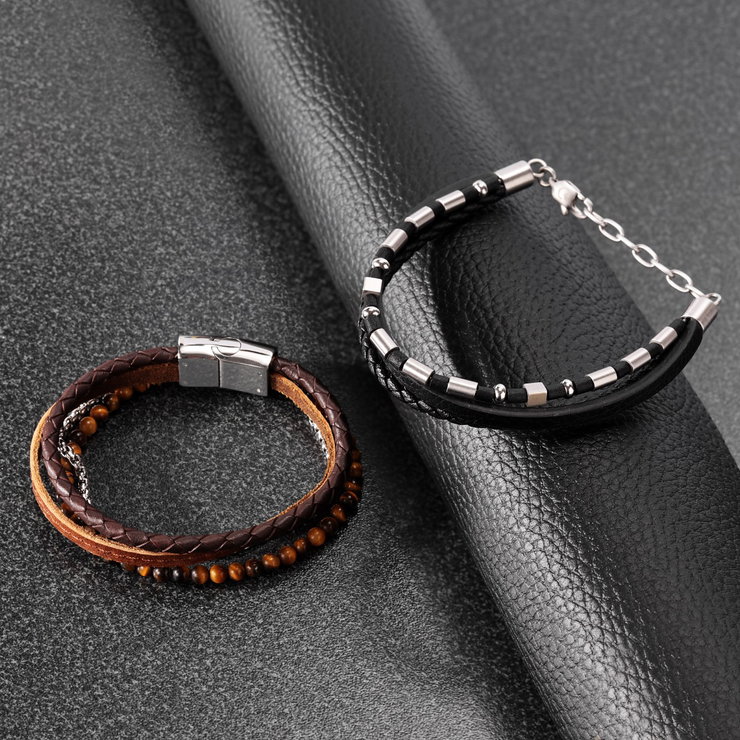 Sector Bandy Bracelet For Men Silver , Leather Black