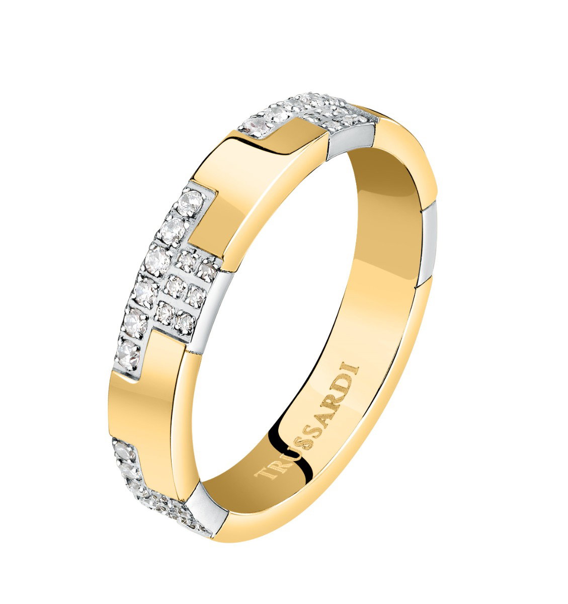 Trussardi T-LOGO Element ring steel gold with crystal size 14