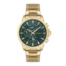 ساعة يد من يو أس بولو كرونوغراف للرجال استيل ذهبى واخضر